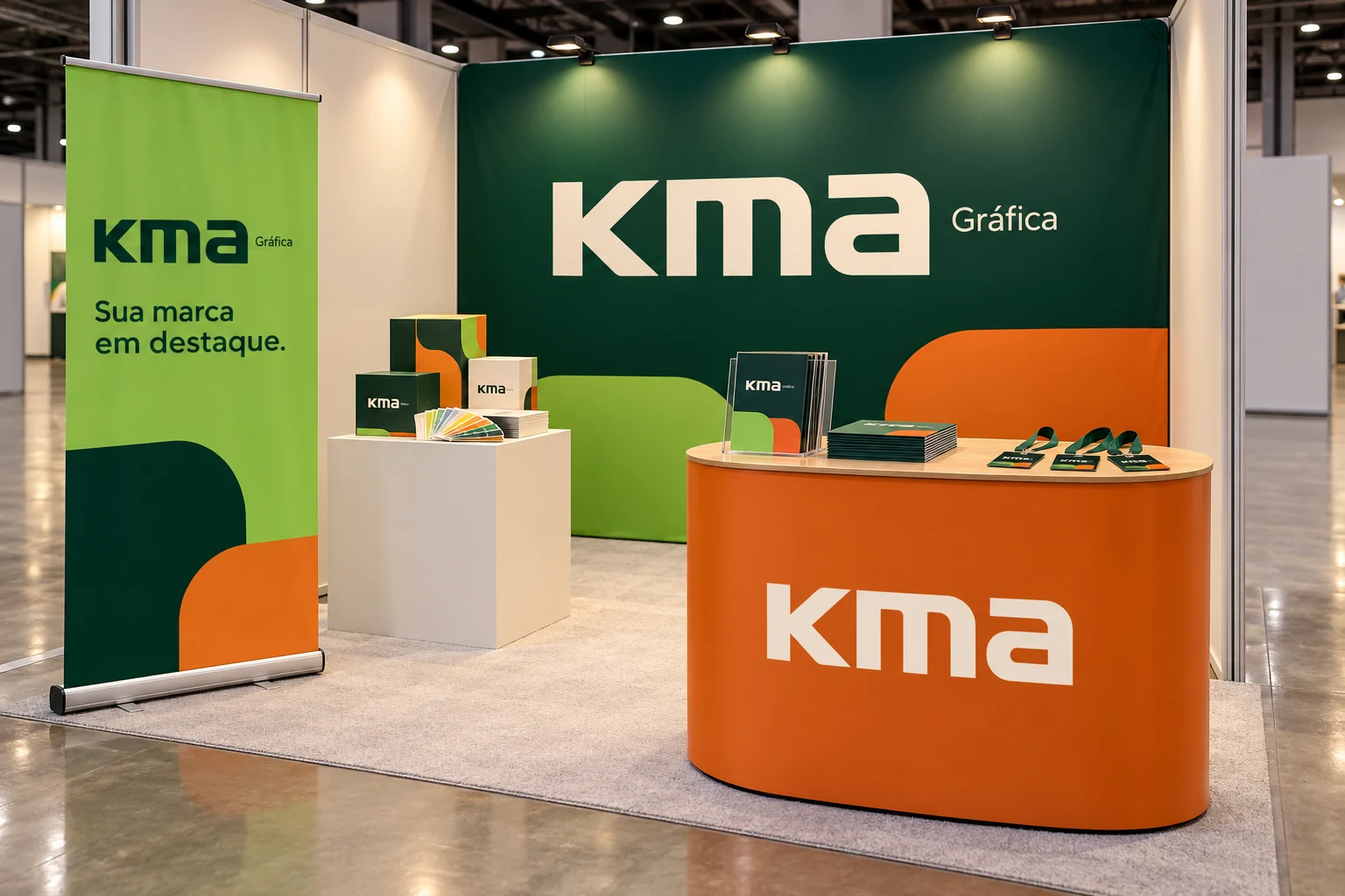 Comunicação visual para eventos da Kma: estande, displays e banners promocionais