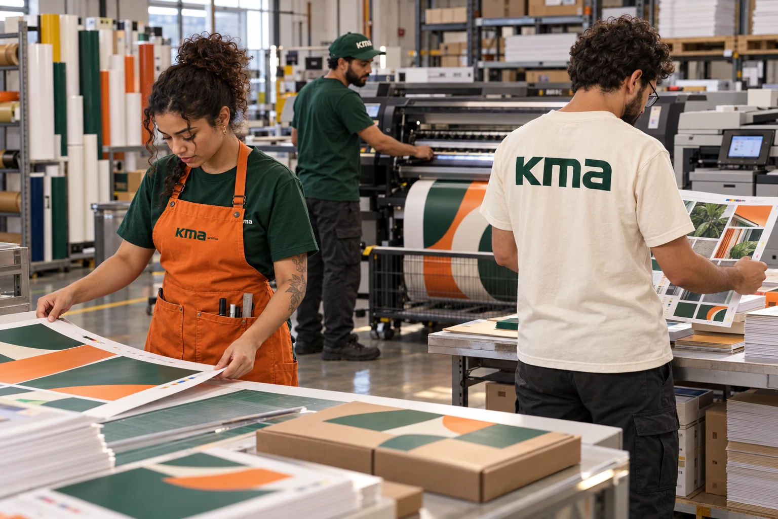 Equipe da gráfica Kma realizando conferência e controle de qualidade de impressos em Belo Horizonte
